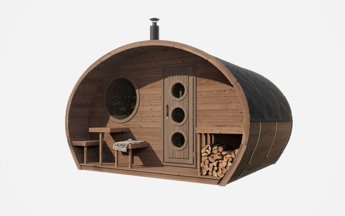 SaunaLife G11 natural-wood oval sauna suite with porch benches and porthole windows.