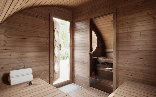 SaunaLife G11B sauna suite interior showing benches and doorway between rooms.
