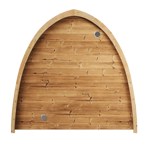SaunaLife G3 natural-wood arched garden sauna, rear view with ventilation grilles.