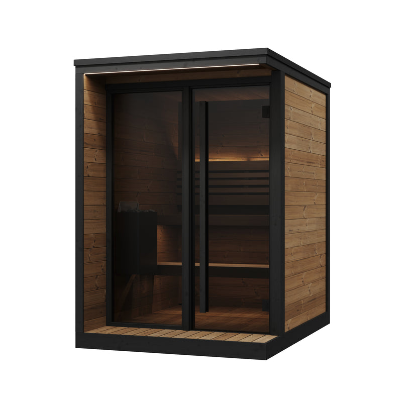 SaunaLife GL4 natural-wood garden sauna with glass front, front-right exterior view.