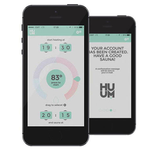 HUUM uKU Wi-Fi app temperature and account screens on two phones.