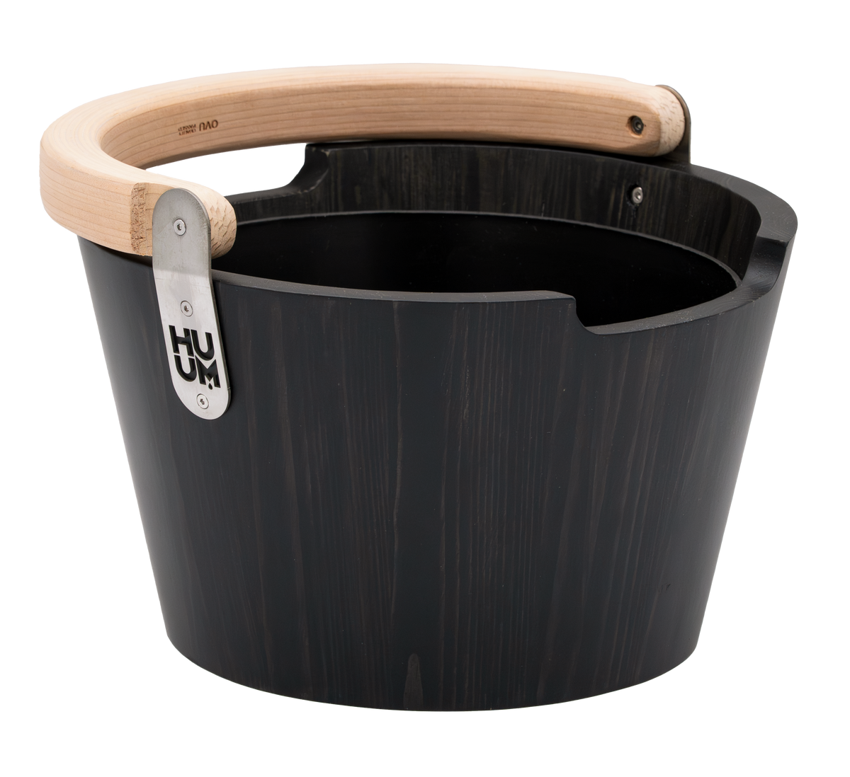 HUUM tASA black wooden bucket with curved natural-wood handle.