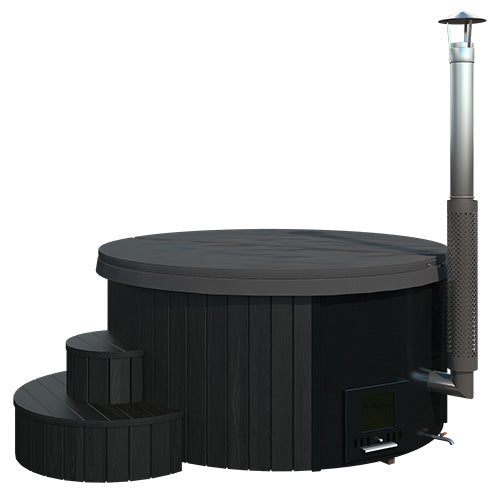 SaunaLife S4B black wood-burning hot tub with cover, steps and stainless chimney.