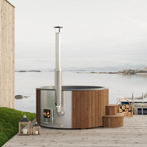 SaunaLife S6N natural-wood hot tub installed on an outdoor deck.