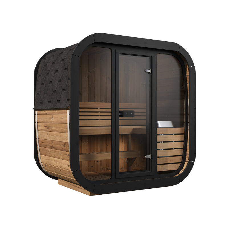SaunaLife CL4G natural-wood cube sauna with glass front and black shingle roof, front-left view