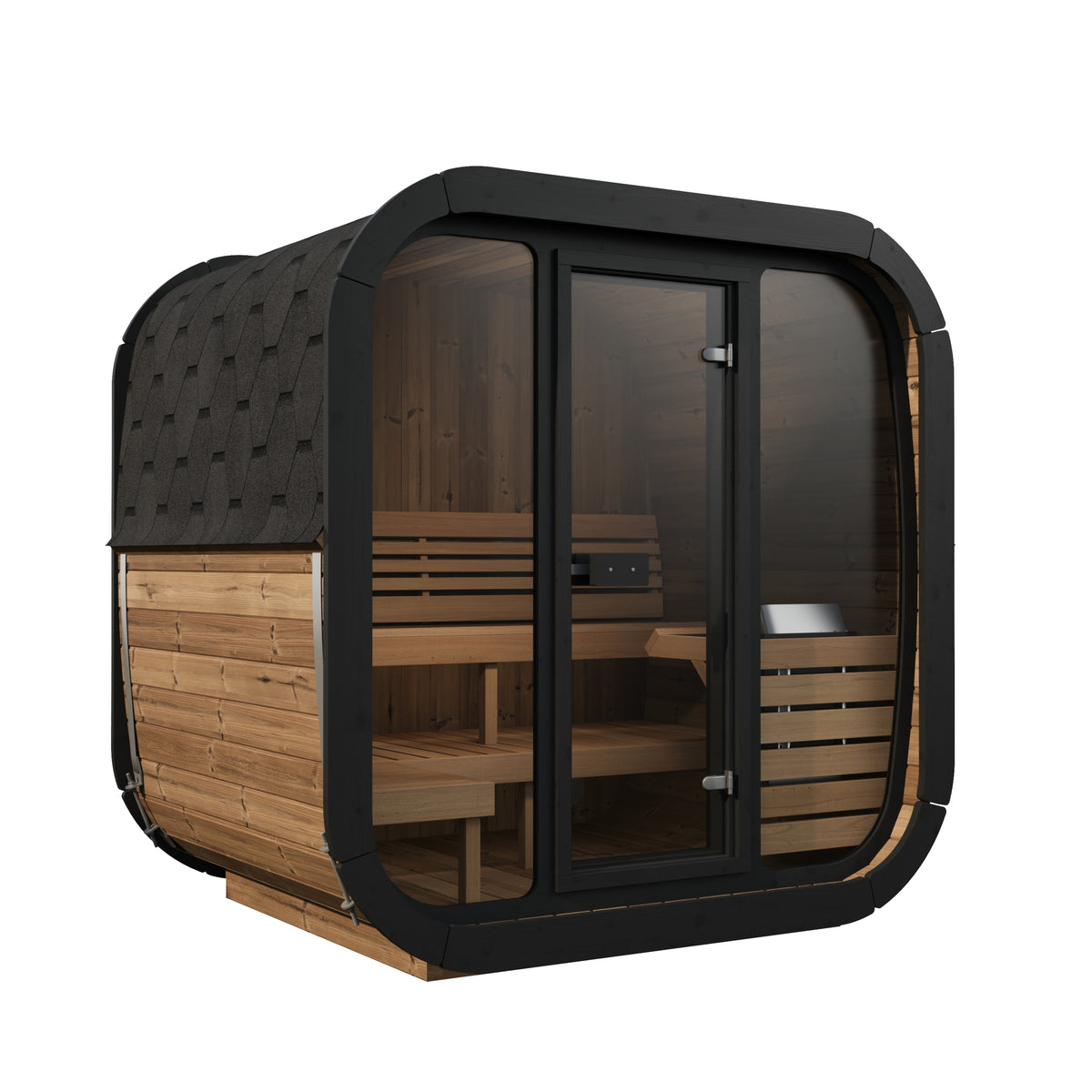SaunaLife CL5G Cube Luxury sauna, natural wood exterior with glass front, three-quarter view