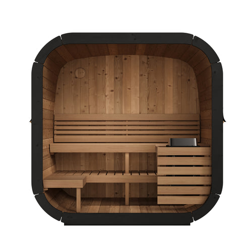 SaunaLife CL5G Cube Luxury sauna, front interior view showing benches and heater guard