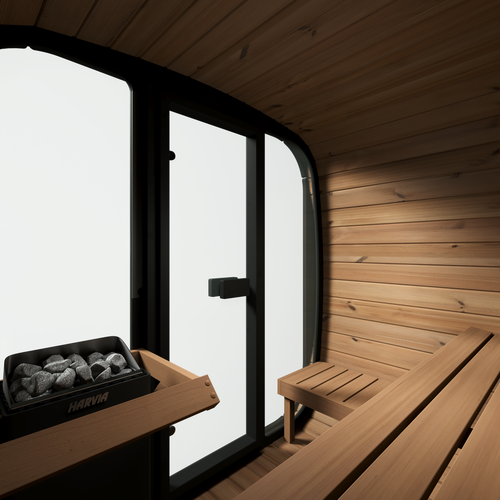 SaunaLife CL5G Cube Luxury sauna interior showing benches, glass door and heater