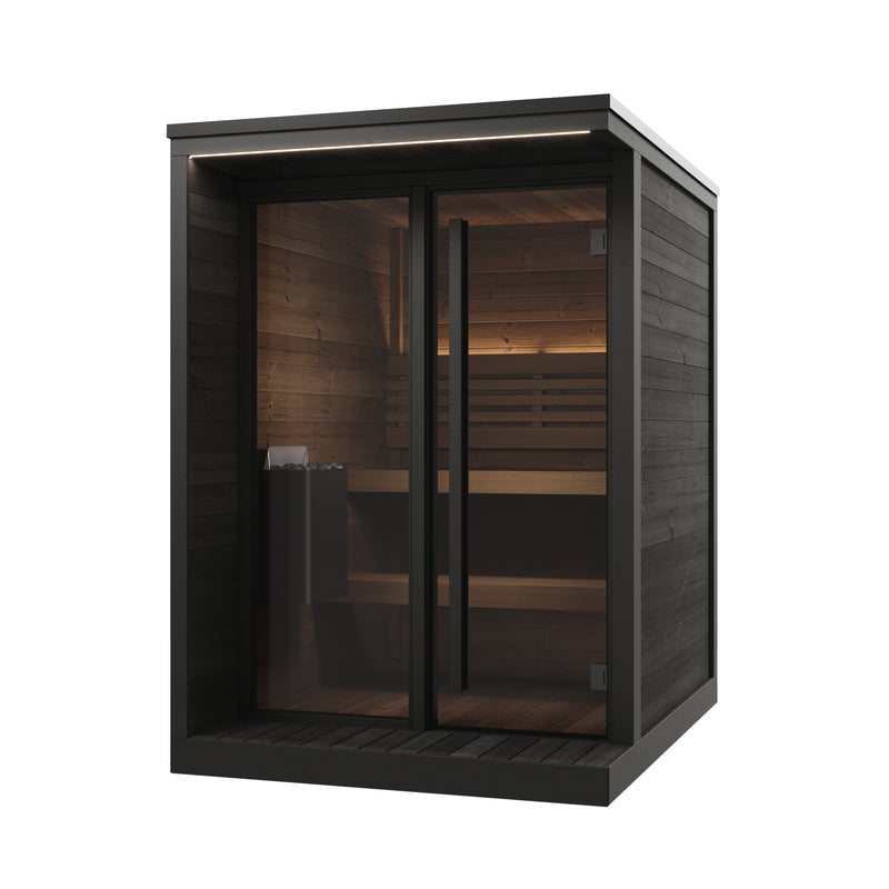 SaunaLife GL4B black garden sauna with glass front and natural-wood interior, front-right view