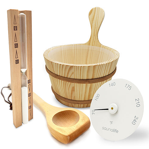 SaunaLife Essentials Set 1 Wood Sauna Bucket and Ladle Set w/ Sand Timer and White Thermometer