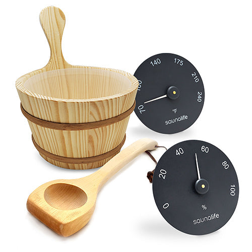 SaunaLife Essentials Set 3 Wood Sauna Bucket and Ladle Set w/ Black Thermometer and Hygrometer