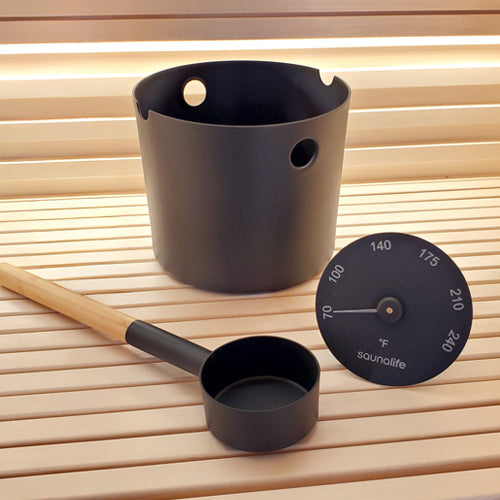 SaunaLife Essentials Set 6 Aluminum Sauna Bucket and Ladle Set w/ Thermometer