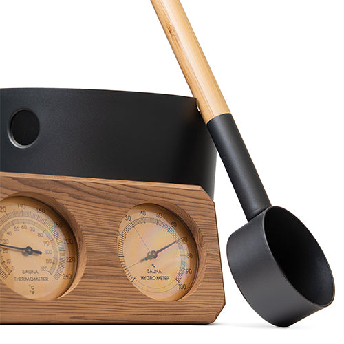 SaunaLife Essentials Set 7 Aluminum Sauna Bucket and Ladle Set w/ Wood Thermometer and Hygrometer