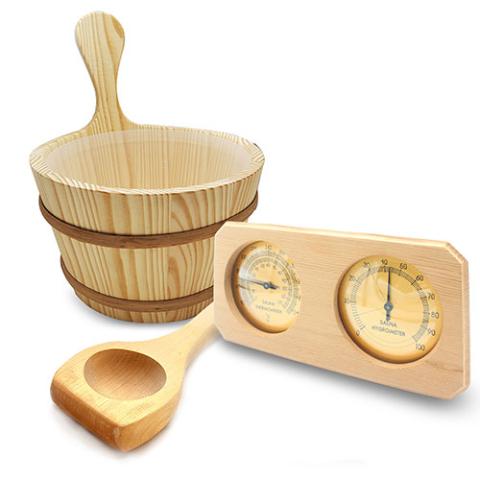 SaunaLife Essentials Set 8 Wood Sauna Bucket and Ladle Set w/ Thermometer and Hygrometer