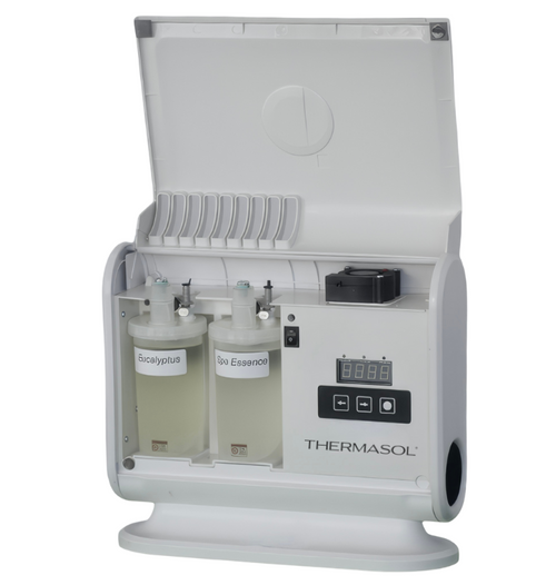 ThermaSol Lux aromatherapy system with lid open, scent bottles and controls visible