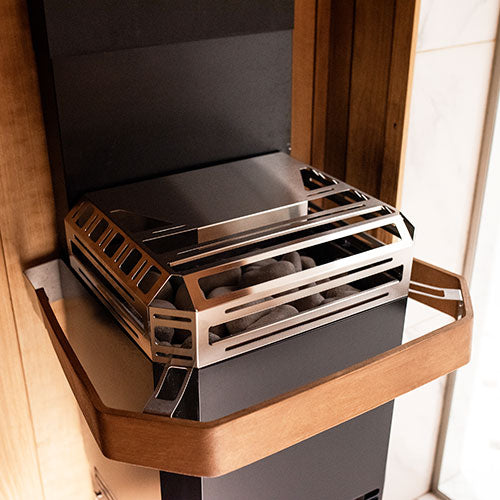 Saunum top guard and wooden safety rail of installed Air L heater.