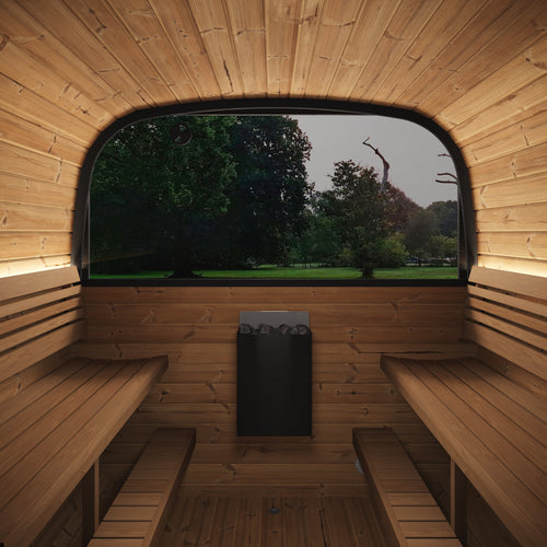 SaunaLife Cube sauna suite interior with facing wood benches and a broad rear window