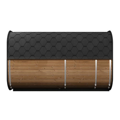 SaunaLife CL12GCP natural-wood sauna suite, side view with black shingle roof.