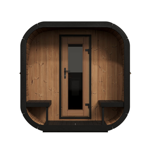 SaunaLife CL12GCP natural-wood sauna suite, front view of glass door and porch benches.