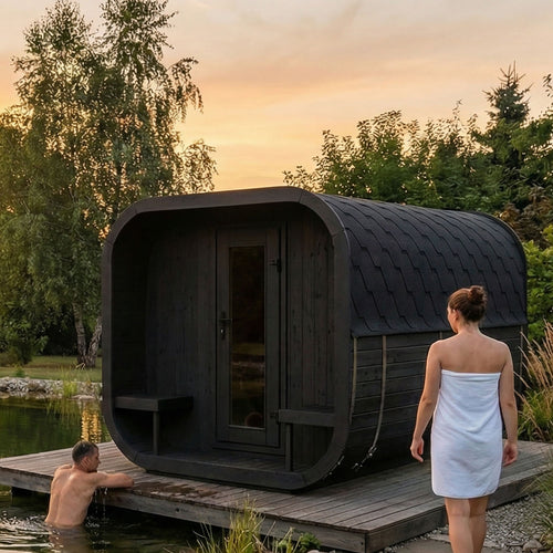 SaunaLife CL12GCPB black sauna suite beside a lake with bathers.