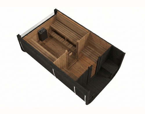 SaunaLife CL12GCPB sauna suite overhead cutaway showing separate rooms and porch.