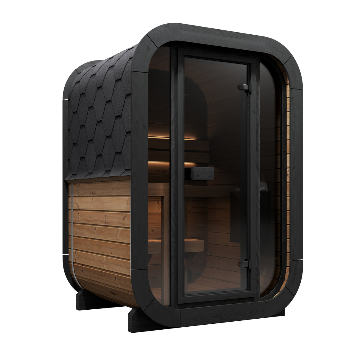 SaunaLife CL3G natural-wood compact cube sauna with glass front, front-left exterior view.