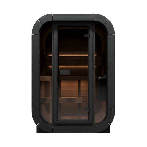 SaunaLife CL3G natural-wood compact cube sauna, straight-on glass-front view.