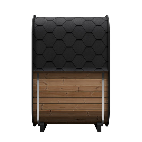 SaunaLife CL3G natural-wood compact cube sauna, side view of wood siding and black shingle roof.