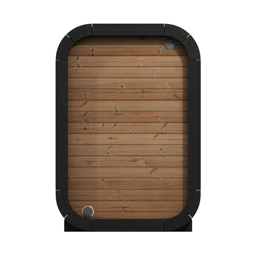 SaunaLife CL3G natural-wood compact cube sauna, rear view with solid wood wall.