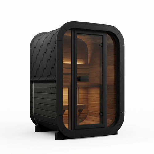 SaunaLife CL3GB black compact cube sauna with warm interior lighting, front-left view.