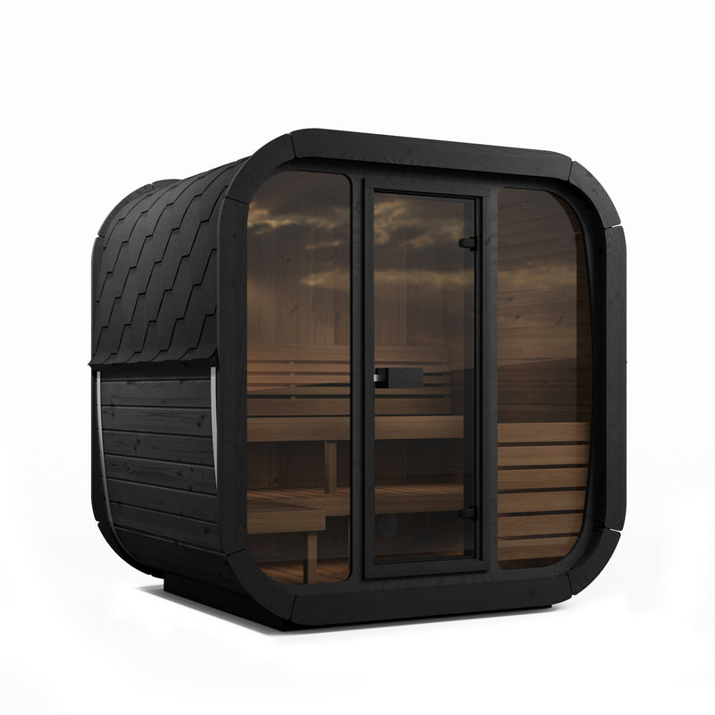 SaunaLife CL5GB black cube sauna with glass front, front-left exterior view.