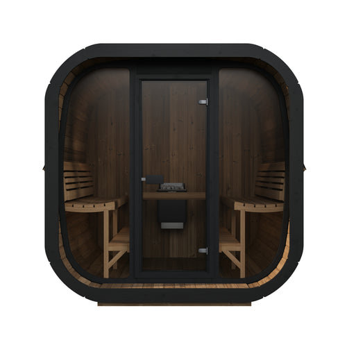 SaunaLife CL7G natural-wood cube sauna, straight-on glass-front view.