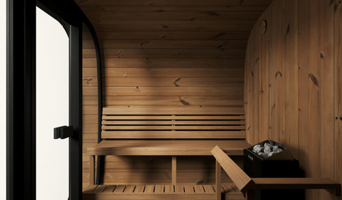 SaunaLife CL7G cube sauna interior showing facing benches and heater.