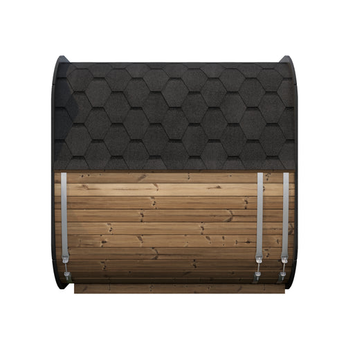 SaunaLife CL7G natural-wood cube sauna, side view with black shingle roof.