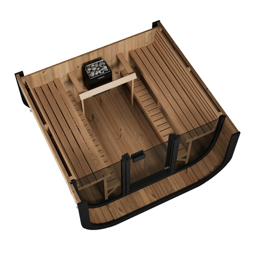 SaunaLife CL7G cube sauna overhead cutaway showing facing benches and heater.