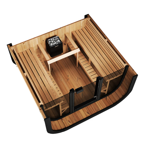 SaunaLife CL7GB cube sauna overhead cutaway showing facing benches and heater.