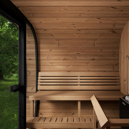 SaunaLife CL7GB cube sauna interior showing wood benches.