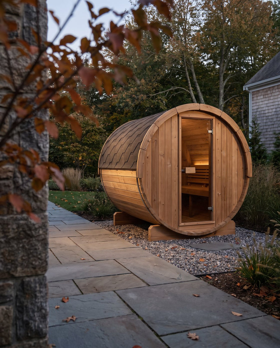 SaunaLife E7 in an AI-illustrated New England autumn setting; not a customer installation.