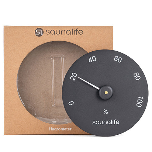 SaunaLife Designer Hygrometer - black humidity gauge with packaging