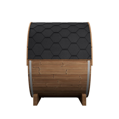 SaunaLife E6W natural-wood barrel sauna, side view of wood siding and black shingle roof.
