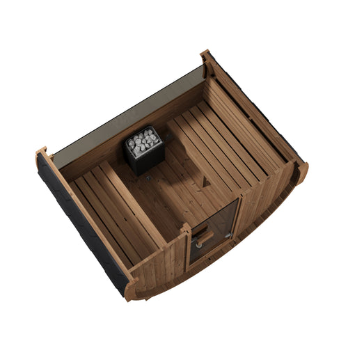 SaunaLife E6W barrel sauna overhead cutaway showing facing benches and heater.