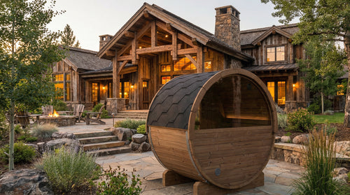 SaunaLife E6W natural-wood barrel sauna beside a lodge, showing semicircular rear window.