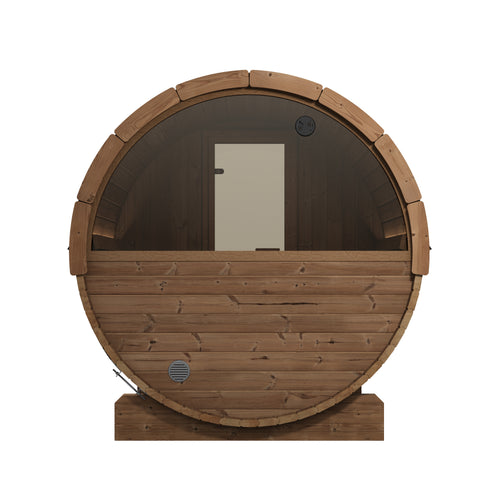 SaunaLife E6W natural-wood barrel sauna, rear view with semicircular window.