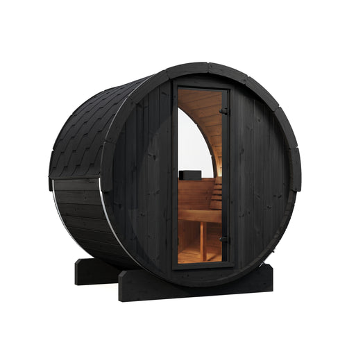 SaunaLife E6WB black barrel sauna with warm interior lighting, front-left view.
