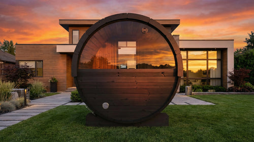 SaunaLife E6WB black barrel sauna beside a modern house at sunset, showing rear window.