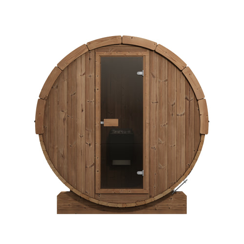 SaunaLife E7 natural-wood barrel sauna with glass entrance door, straight-on front view.
