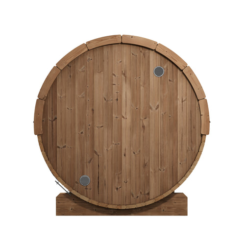 SaunaLife E7 natural-wood barrel sauna, rear view with solid wood wall and ventilation grilles.
