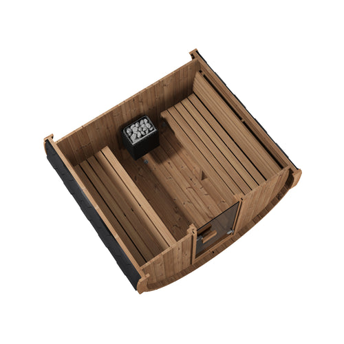 SaunaLife E7 barrel sauna overhead cutaway showing facing benches and heater.