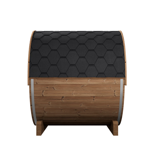 SaunaLife E7 natural-wood barrel sauna, side view of wood siding and black shingle roof.