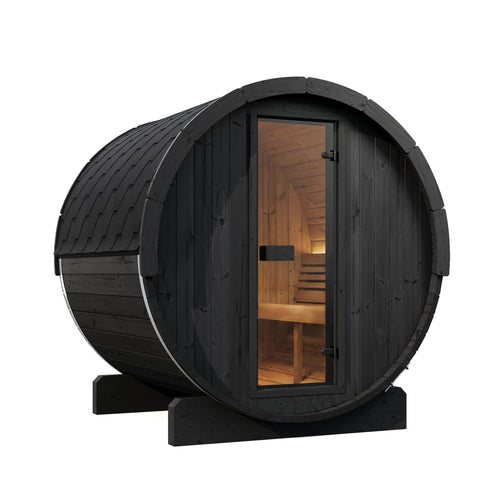 SaunaLife E7B black barrel sauna with warm interior lighting, front-left view.